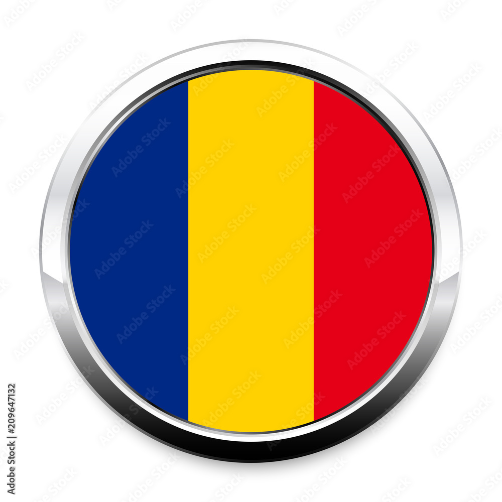 Button Flag of Romania in a round metal chrome frame with a shadow. The symbol of Independence Day, a souvenir, a button for switching the language on the site, an icon. Button Flag of Romania in a round metal chrome frame with a shadow. The symbol of Independence Day, a souvenir, a button for switching the language on the site, an icon.