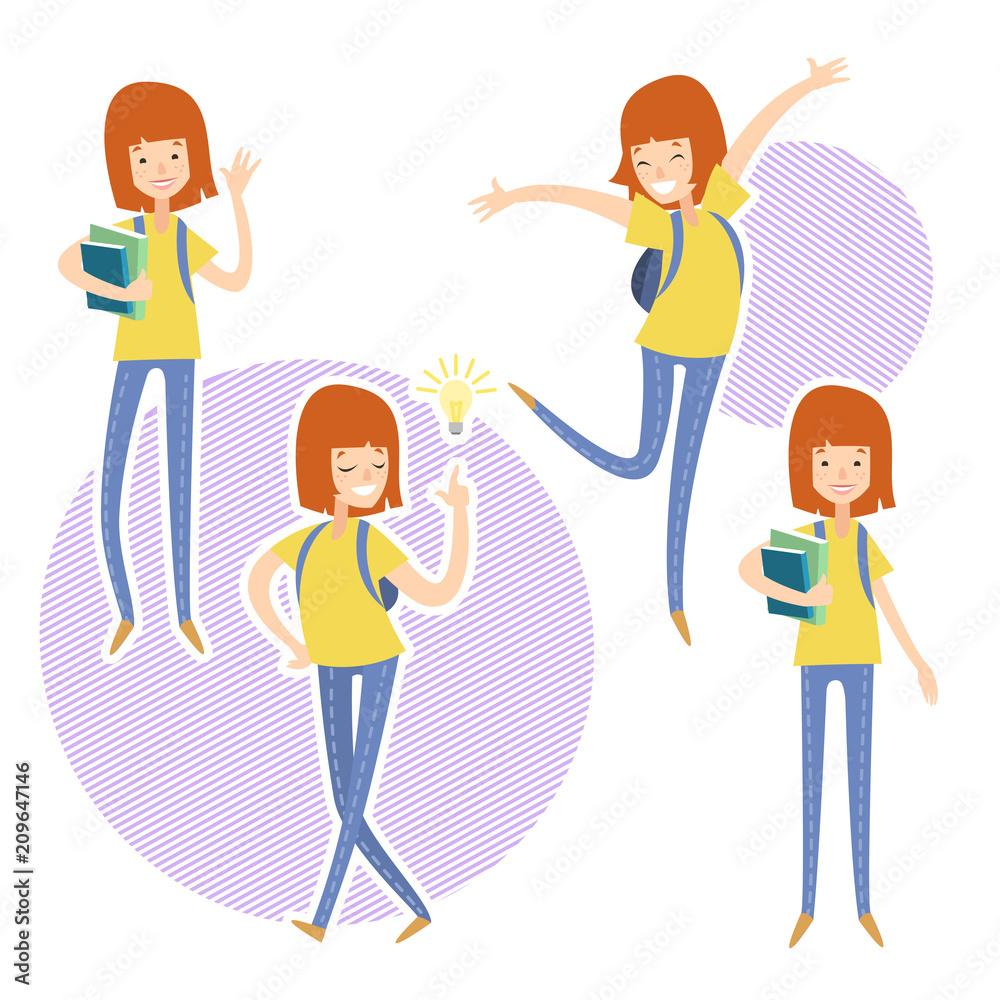 Happy school girl with a books in hand and backpak. Illustration of a cartoon character. Vector flat design set Happy school girl with a books in hand and backpak. Illustration of a cartoon character. Vector flat design set