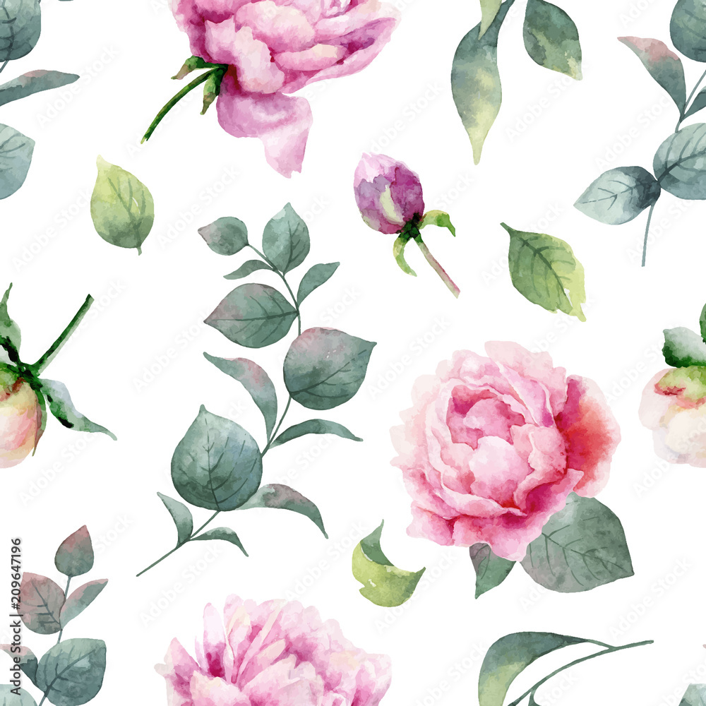 Watercolor vector hand painting seamless pattern of peony flowers and green leaves. - obrazy, fototapety, plakaty 