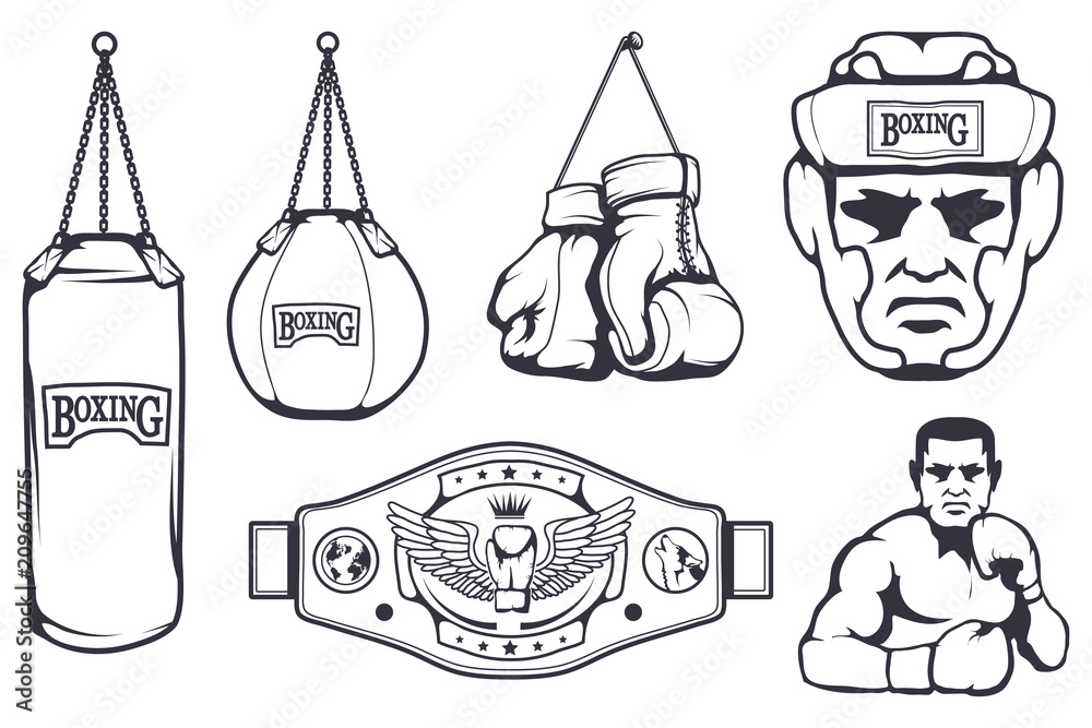 Set of different elements for box design - boxing gloves, boxer man, boxing  helmet, boxing belt. Sports equipment set. Fitness illustrations. Sport  Club logo. Vector graphics to design. Stock Vector | Adobe Stock