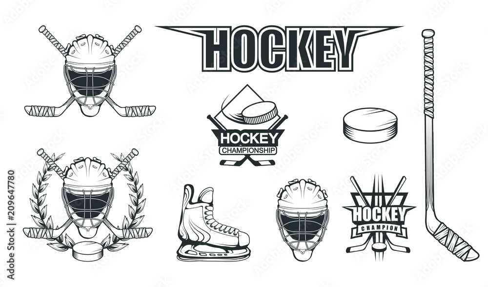 Fototapeta premium Set of different elements for hockey playing. Hockey helmet. Professional ice skates illustration. Ice Games logo. Goalkeeper mask with sticks. Vector graphics to design.