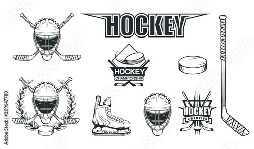 Set of different elements for hockey playing. Hockey helmet. Professional ice skates illustration. Ice Games logo. Goalkeeper mask with sticks. Vector graphics to design.