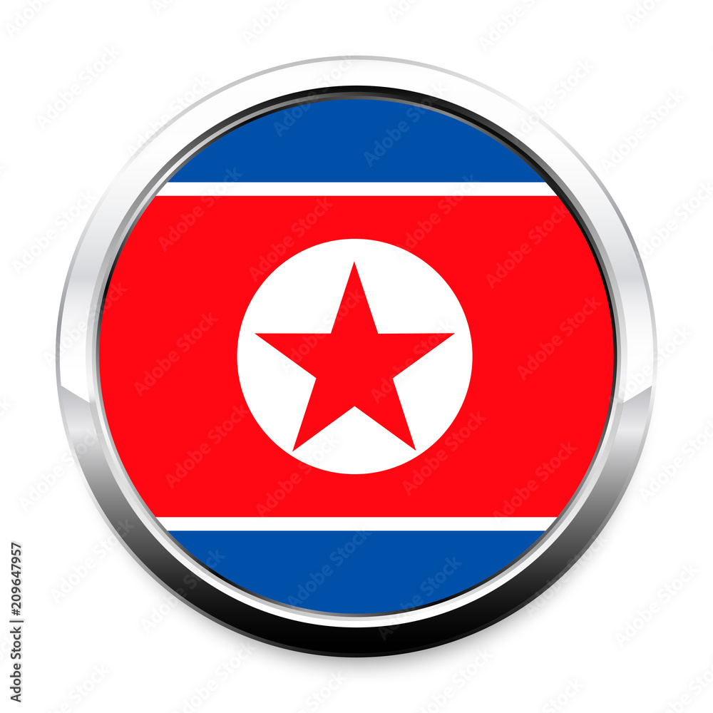 Button Flag of North Korea in a round metal chrome frame with a shadow. The symbol of Independence Day, a souvenir, a button for switching the language on the site, an icon. Button Flag of North Korea in a round metal chrome frame with a shadow. The symbol of Independence Day, a souvenir, a button for switching the language on the site, an icon.