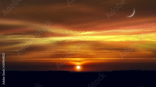 Crescent moon with Stars . Crescent moon with beautiful sunset background . Generous Ramadan .  new moon . 