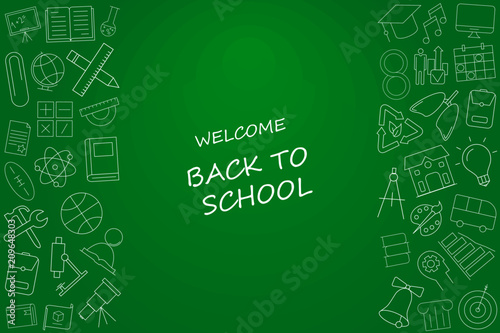 Welcome back to school banner with line icon on blackboard. Design template for banner, poster. Vector illustration