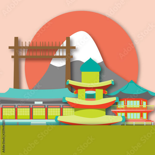 Card with South Korea attractions in paper art style.