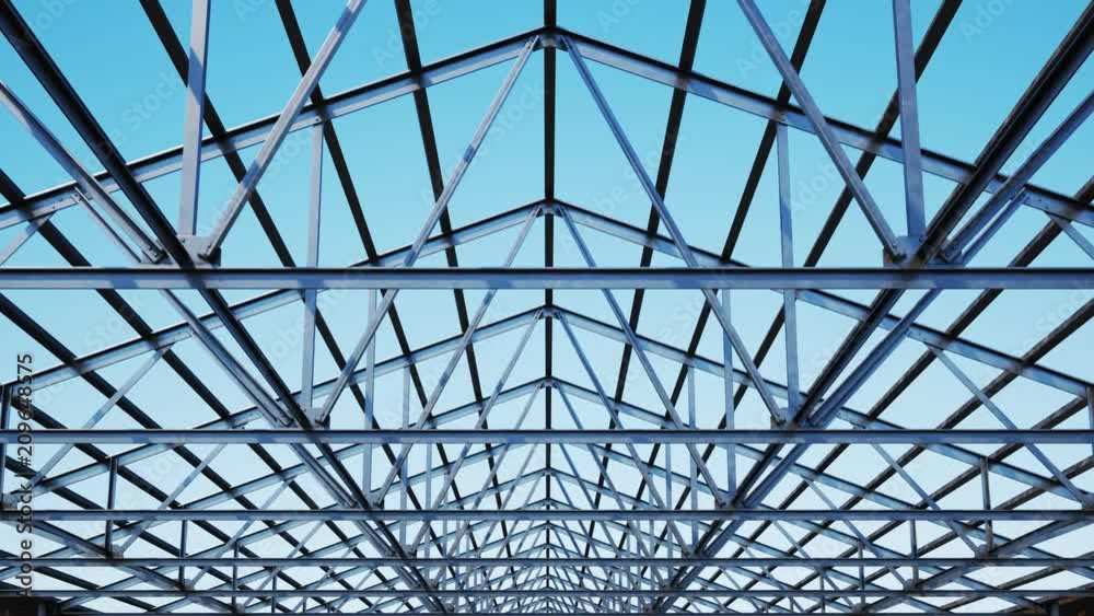 Seamless looping shot with camera moving along the unfinished steel roof
