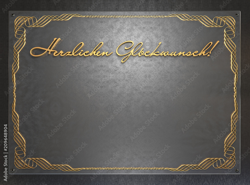 German text Herzlichen Gluckwunsch. translate Congratulations! Old metal plate with vintage