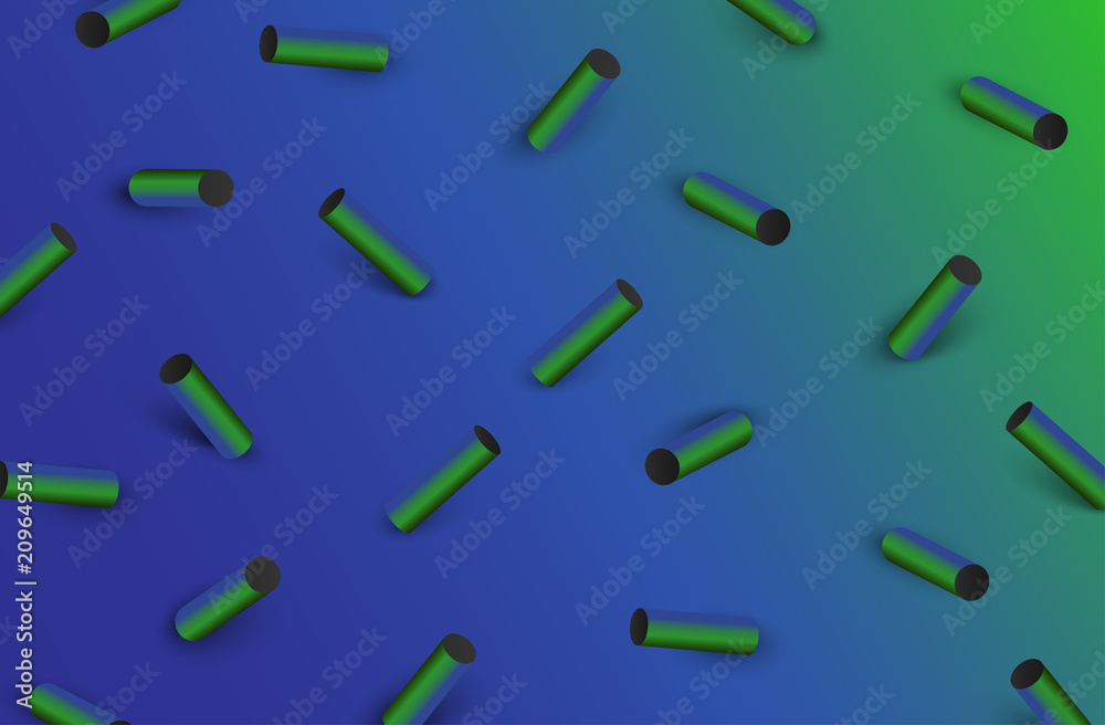 Blue textured background with green 3d geometric pattern.