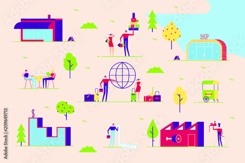 Couple man and woman walk in various places to go. Shopping, leisure, cafe, taxes, travel, business and other. With buildings and trees minimal abstract flat style vector illustration in the park.