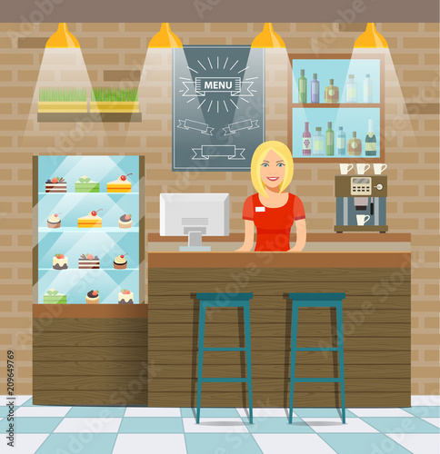 Young barista woman and coffee bar. Coffee house interior. Flat vector illustration