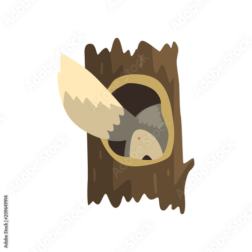 Tail of wolf sticking out of hollow tree, hollowed out old tree and cute animal cartoon character inside vector Illustration on a white background