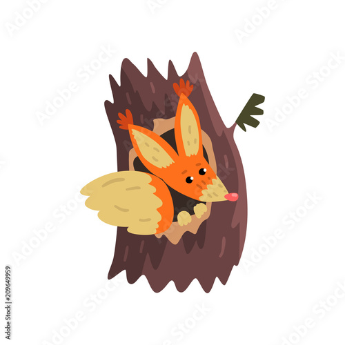 Cute squirrel sitting in hollow of tree, hollowed out old tree and cute animal cartoon character inside vector Illustration on a white background