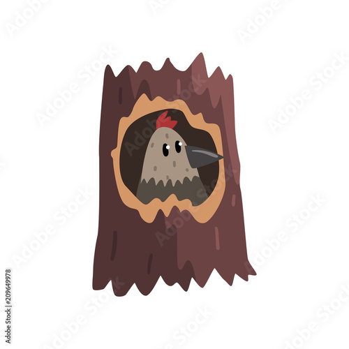 Cute bird sitting in hollow of tree, hollowed out old tree and cute nestling cartoon character inside vector Illustration on a white background