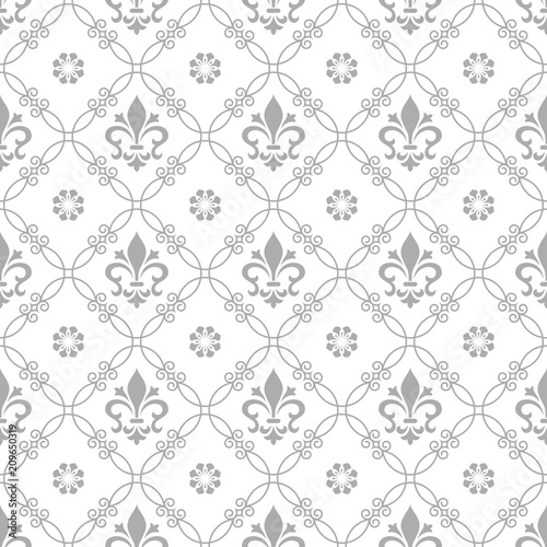 Wallpaper in the style of Baroque. A seamless vector background. White and grey floral ornament. Graphic pattern for fabric, wallpaper, packaging. Ornate Damask flower ornament.