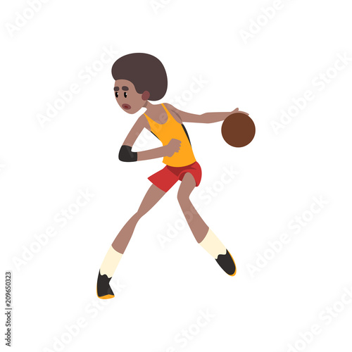 Basketball player, african american athlete in uniform playing with ball vector Illustration on a white background