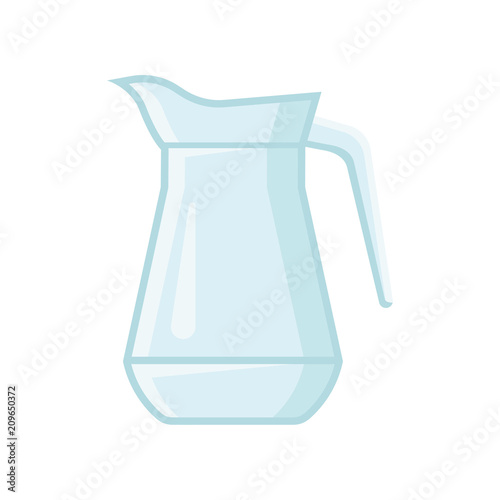 Transparent glass jug for water or juice. Vessel with one handle. Flat vector element for banner or poster