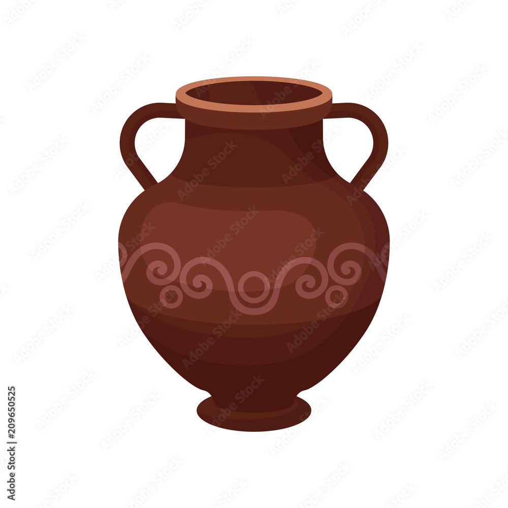 Flat vector icon of large ceramic jug with two handles, short wide neck and ornament. Antique clay pitcher. Archeology theme