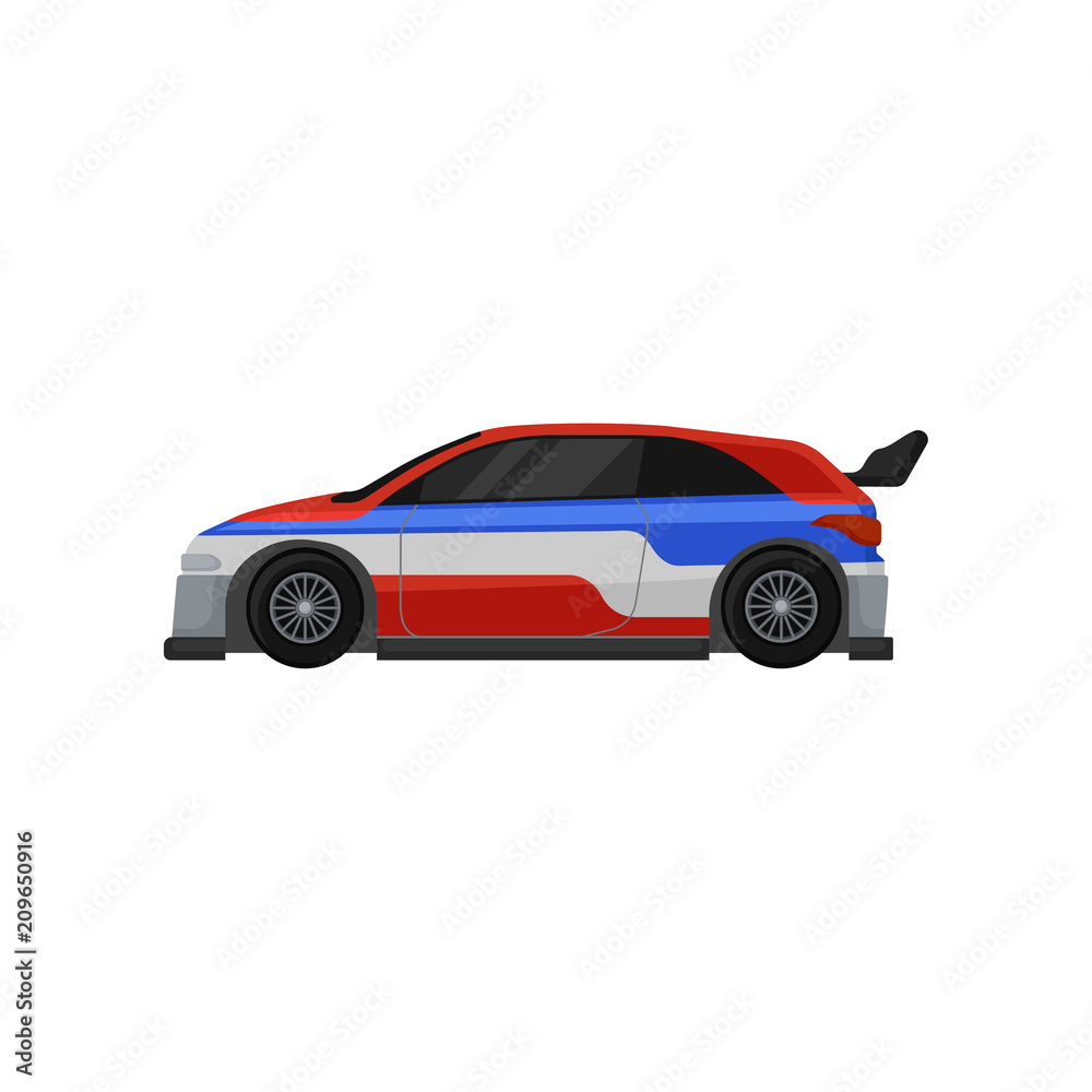 Colorful racing car with tinted windows and spoiler. Extreme auto sport. Flat vector element for mobile game