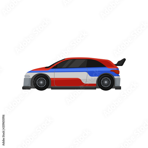 Fototapeta Naklejka Na Ścianę i Meble -  Colorful racing car with tinted windows and spoiler. Extreme auto sport. Flat vector element for mobile game