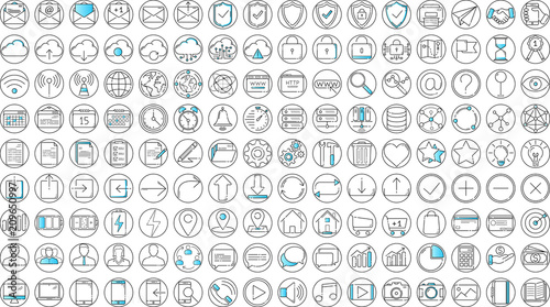Black and blue business thin line icons set on white background