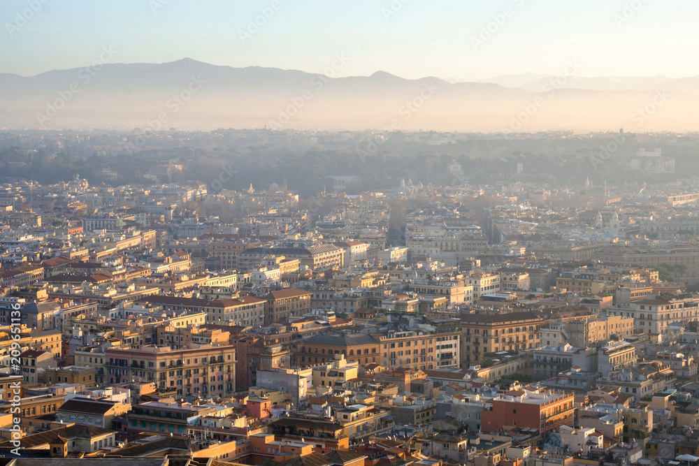 Dawn view of Rome from the height of St. Peter's Basilica dome