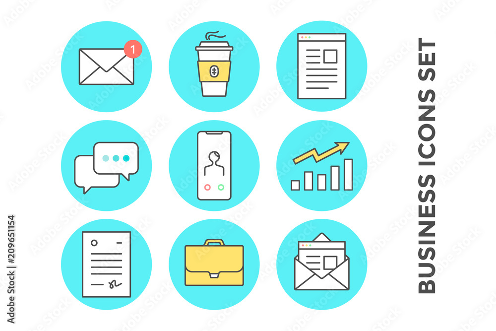 Business icons set. Icons in line style graphic for business theme - mail, envelope, coffee, letter, message chat, smartphone, growth chart, document, briefcase. Vector Illustration