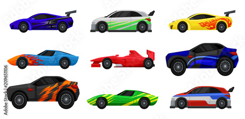 Flat vector set of various racing cars. Fast sports automobiles. Side view. Elements for advertising poster, mobile or computer game