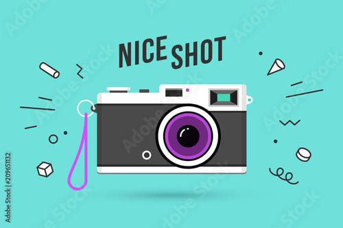 Icon of photo camera. Retro camera isolated on a blue mint background and explosive memphis graphic element and text Nice Shot. Vector Illustration
