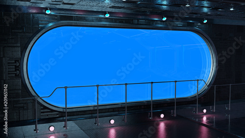 Fototapeta Naklejka Na Ścianę i Meble -  Black tech spaceship round window interior background 3D rendering