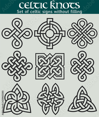 Set of celtic signs without filling. 9 symbols made with Celtic knots for use in tattoos or designs.
