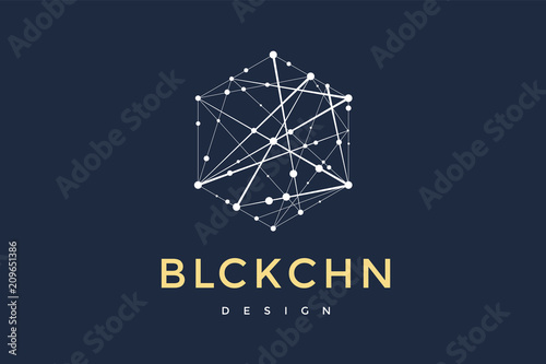 Logo for blockchain technology. Hexagon with connected lines for logo, brand, label, emblem, branding of smart contract block symbol. Design for decentralized transactions. Vector Illustration