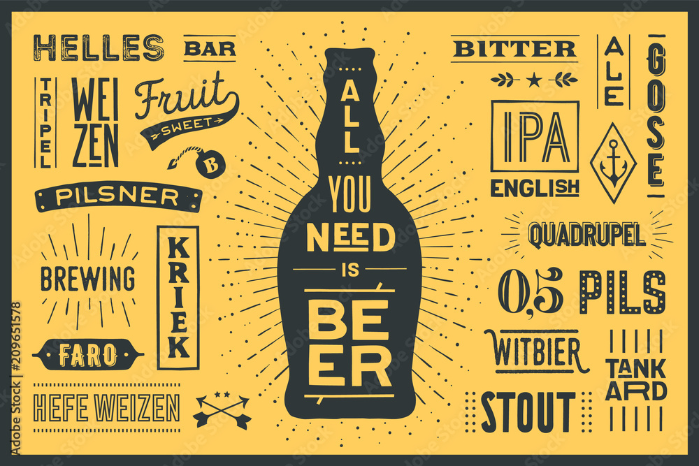 Beer. Poster or banner with text All You Need Is Beer and names types