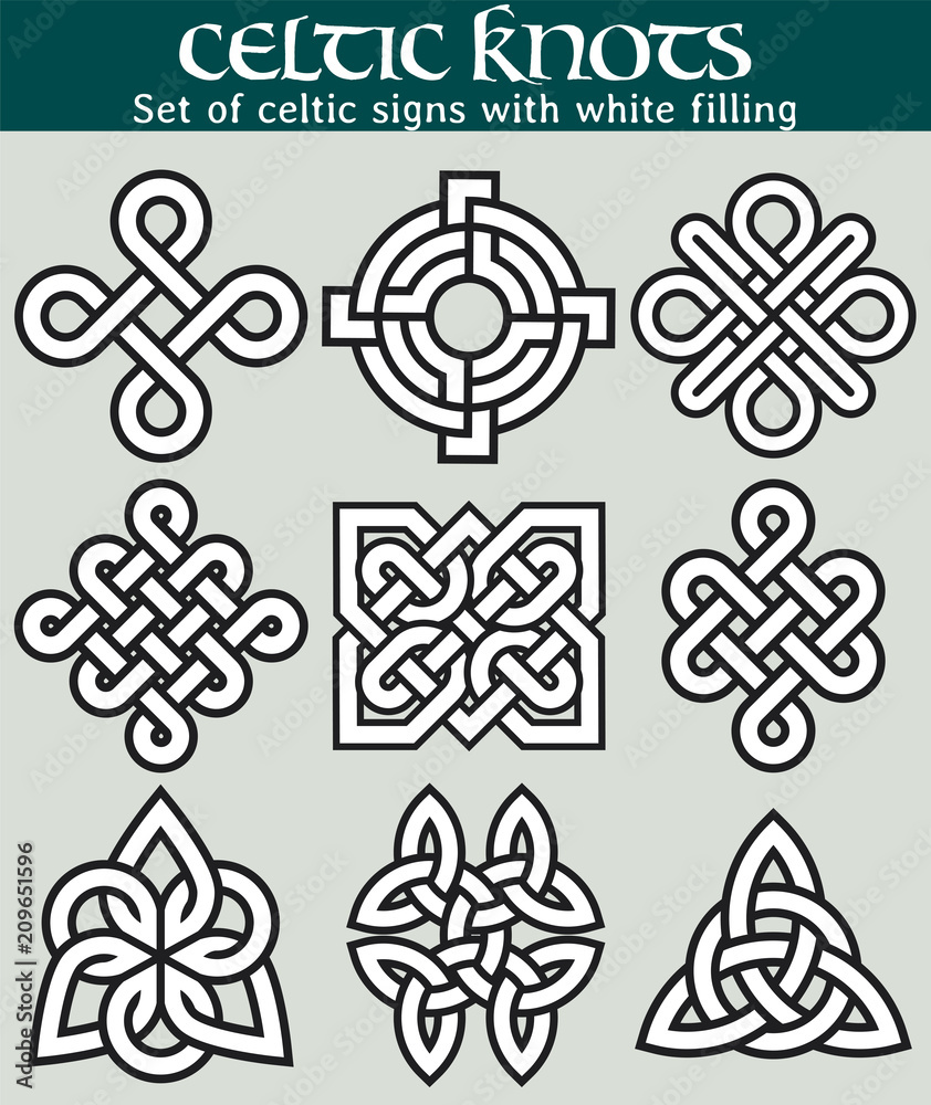 Set of celtic signs with fill. 9 symbols made with Celtic knots for use in tattoos or designs.