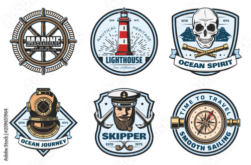 Nautical retro badge of sea anchor, helm and rope