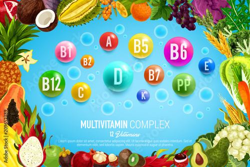 Vitamin banner with food, vegetable, fruit frame
