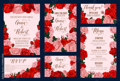 Wedding invitation card with rose flower frame