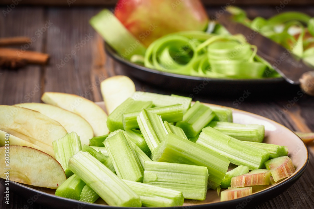 Stems of fresh young rhubarb