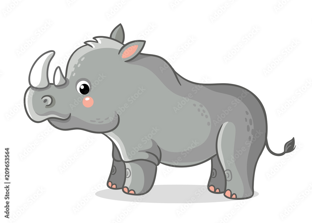 Rhinoceros stands on a white background. Cute animal in the cartoon style. Vector illustration on a children's theme.