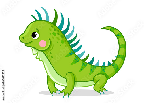 Cute iguana on a white background. Vector illustration with an animal in cartoon style. Picture on a children s theme.