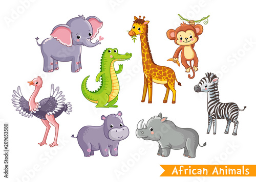Set with animals of Africa in cartoon style. Vector illustration on a children s theme.