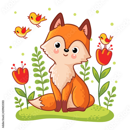 Cute fox sidit on a flower meadow. Vector illustration with an animal in a mushy style. Picture on a children's theme.