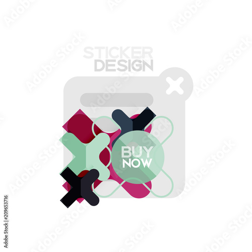 Flat design cross shape geometric sticker icon, paper style design with buy now sample text, for business or web presentation, app or interface buttons