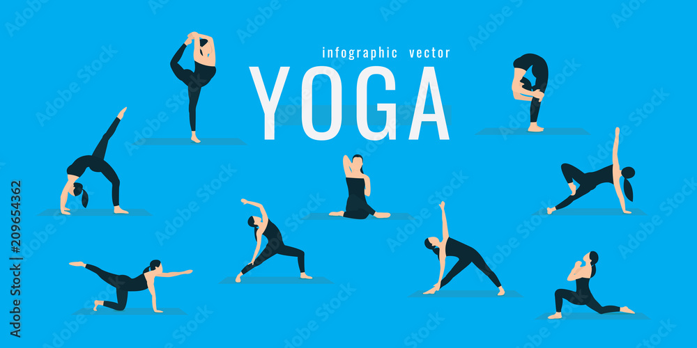 Woman doing fitness and yoga exercises. Lunges and squats. Active and healthy life concept. vector illustration. on blue background. icons of girl doing sport