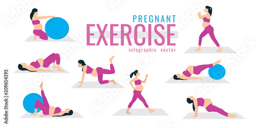 pregnant exercises on white background. Ball accessories. Workout for pregnant set. Exercises with fit ball. Yoga training.