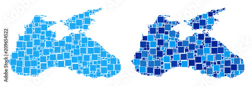 Dotted Black Sea map variants. Abstract geographic scheme variant done with blue color tints. Vector composition of Black Sea map created from random square and spheric points.