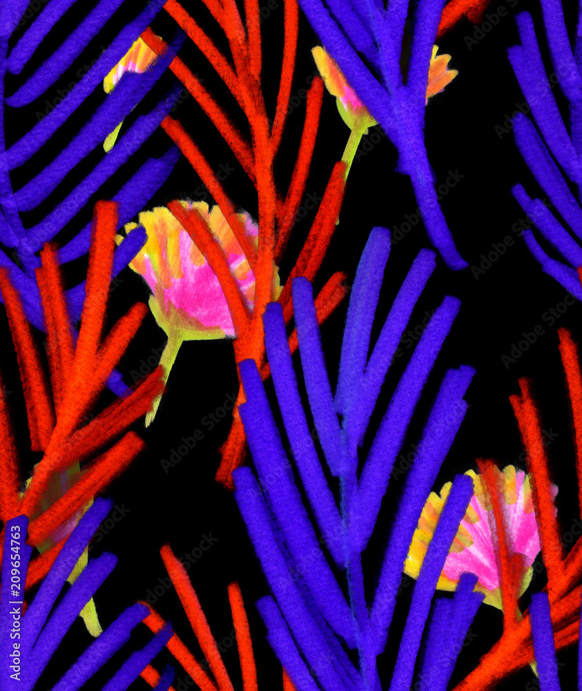 Seamless pattern with bright abstract purple and orange tropical palm leaves and small pink flowers painted in highlighter felt tip pen on clean black background