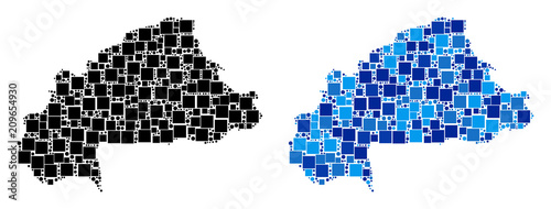 Dotted Burkina Faso map variants. Abstract geographic map variant done with blue color variations. Vector collage of Burkina Faso map constructed of randomized square and spheric items.