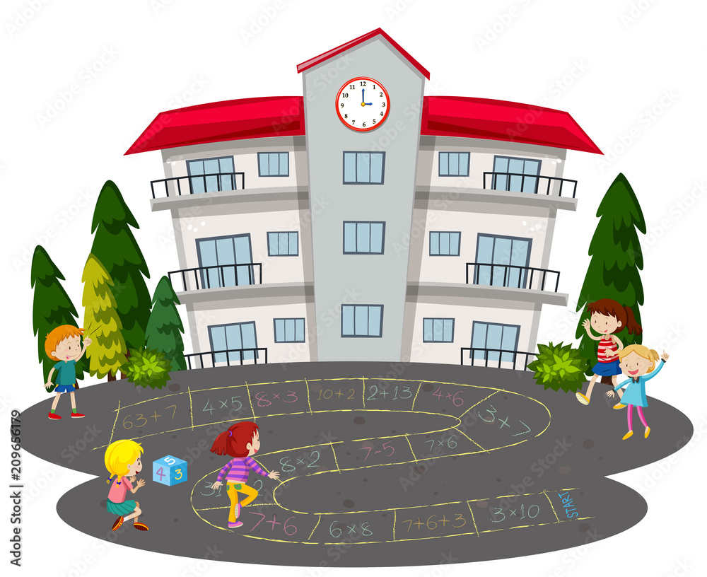 Children playing hopscotch in front of a school