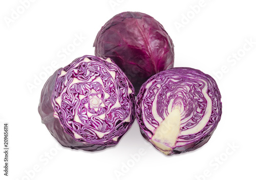 Two halves and one whole heads of the red cabbage